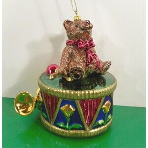 Fitz and Floyd Christmas Ornament Glass BEAR ON DRUM